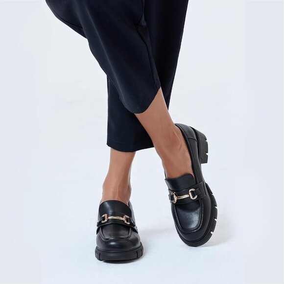 Womens Chunky Platform Loafers Faux Leather Mid Heel Slip-On Dress Shoes - Picture 2 of 6